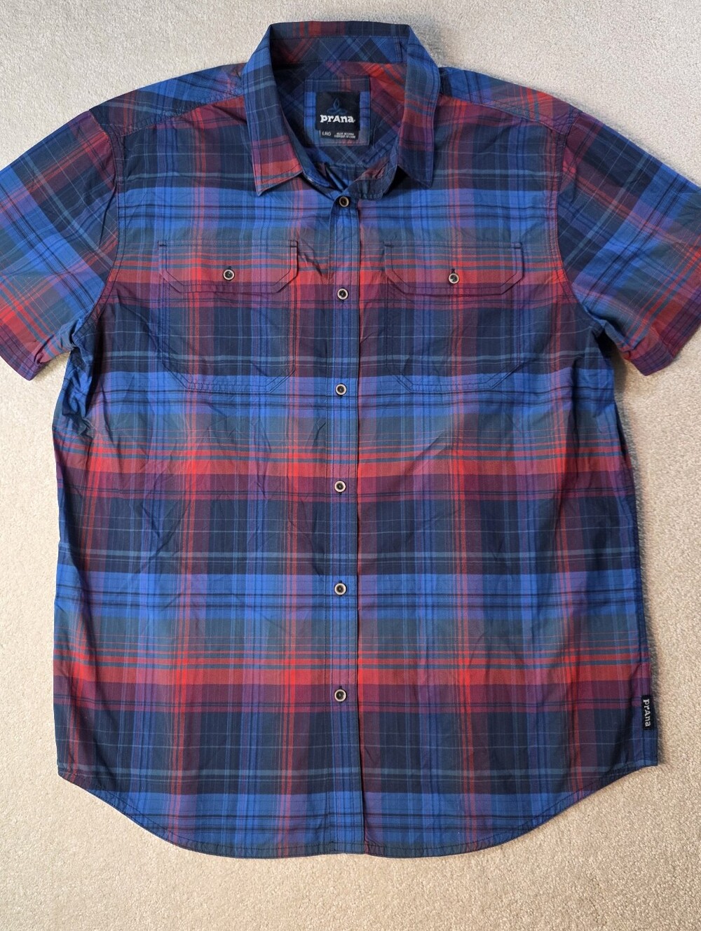 Prana Cayman Plaid Short Sleeve Blue Button Down Shirt Lightweight Mens L